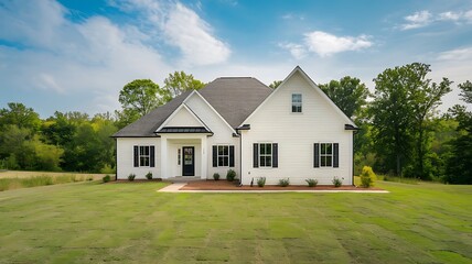 Obraz premium A charming single-story house with a white exterior, black shutters, and a gable roof. The home sits on a freshly sodded lawn surrounded by trees, with a bright blue sky overhead and natural landscapi