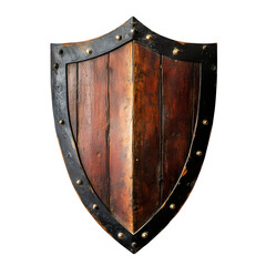 Old wooden shield with metal reinforcements and rivets isolated on transparent background, perfect for historical or fantasy projects
