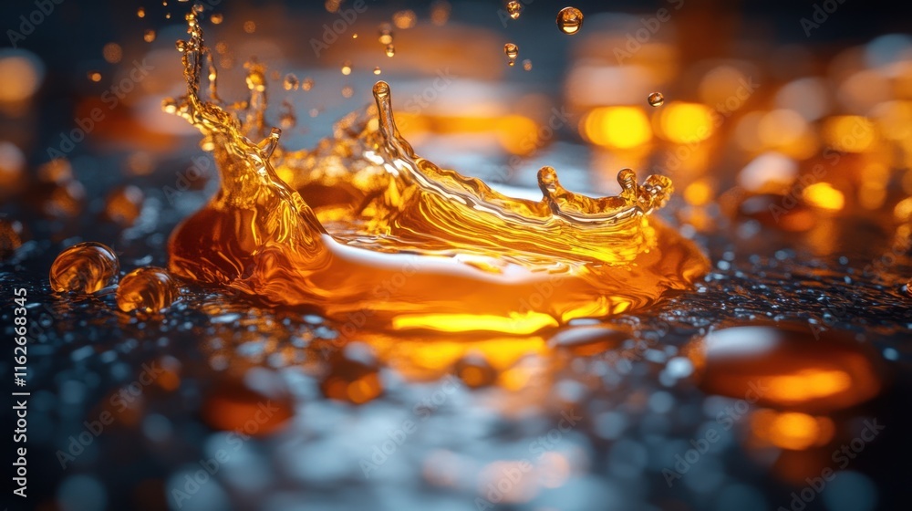 Poster a close-up of orange liquid splashing against a dark surface, creating an artistic effect.