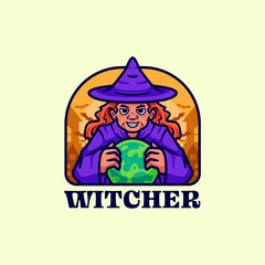 Witch logo mascot cartoon charcter holding a ball in her hand wearing a purple robe and has a purple hat