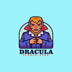 Vampire logo cartoon mascot character with a red cross on his face and wearing a blue shirt and a cape with designed to be scary and menacing