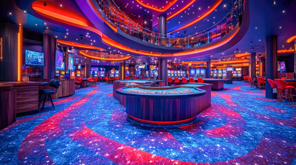 Obraz premium A vibrant casino interior with colorful lighting, gaming tables, slot machines, and modern decor, showcasing the excitement of nightlife entertainment