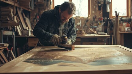 Artisan expertly crafting wooden masterpiece in rustic workshop, showcasing traditional woodworking skills and creativity, enhancing home decor appeal.