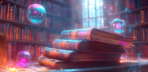 magic book with magic lights and bubbles around	