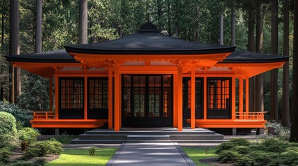 A vibrant orange Japanese-style gazebo nestled within a lush forest, featuring a dark gray roof and...