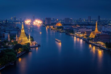 Fototapeta premium Stunning night view showcasing brilliantly lit temples along the river in Bangkok. The city skyline glimmers while vibrant fireworks light up the evening sky during a festive event.
