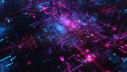 Fototapeta premium Abstract digital circuit board with glowing pink and blue lines. Futuristic technology background.