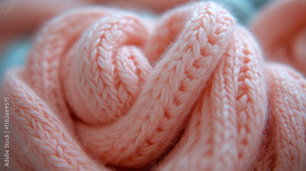 Poster a close-up of soft pink knitted yarn, showcasing its texture and intricate patterns.
