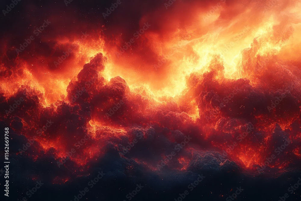 Sticker abstract design featuring a fiery red sky blending into smoky black and deep red backgrounds with fl