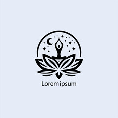 Design a minimalist logo featuring a serene figure in a meditative pose, seated on a stylized lotus flower