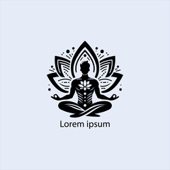 Design a minimalist logo featuring a serene figure in a meditative pose, seated on a stylized lotus flower