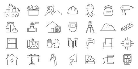 construction icon set. home, Construction tools, building, helmet and more. editable stroke thin outline icons.