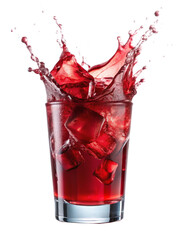 glass with red juice and ice splash on white background
