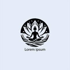 Design a minimalist logo featuring a serene figure in a meditative pose, seated on a stylized lotus flower