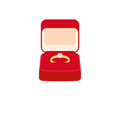 Red box with wedding ring isolated on white background. Flat style. Vector.