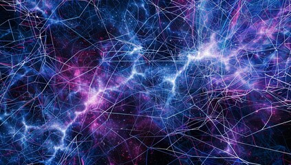 Fototapeta premium Abstract cosmic network: Intricate lines and vibrant nebulae in shades of blue and purple create a mesmerizing digital artwork.