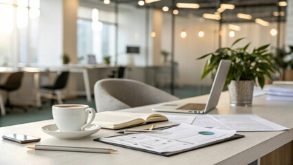 Modern office workspace with laptop, documents and a cup of coffee on the table with a potted plant and some greenery. The plain layout of the background is illuminated by soft lighting. AI generated.