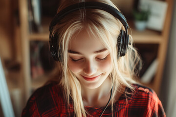 Young pretty blonde girl at indoor listening music with headphones