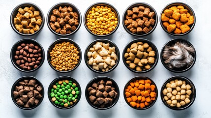 Varied Pet Food Textures and Colors in Bowls on a Bright Surface