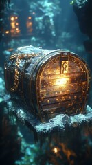Sunken Riches. Old wooden treasure chest glowing underwater with gold