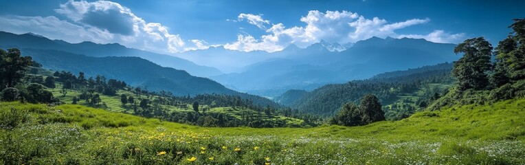 Obraz premium Idyllic green hill station with flowers and meadows