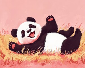 Fototapeta premium Playful panda rolling on grass whimsical outdoor cartoon art joyful concept for children