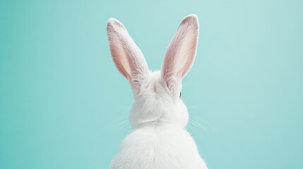 Obraz premium White Rabbit Sitting Against Light Blue Background with Ears Up