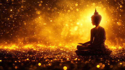 Silhouette of Buddha statue at golden sunset celebrating Magha Puja, Asanha Puja, and Visakha Puja Day, symbolizing peace and spirituality