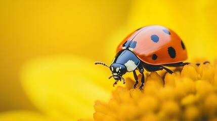 Obraz premium Close-up of a ladybug on a yellow flower.