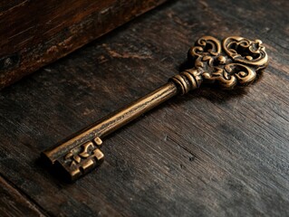 Antique brass key with intricate design on a dark wooden surface