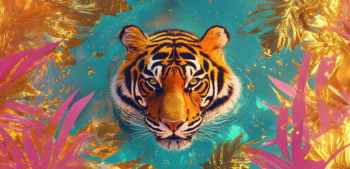 Portrait of a golden tiger with blue details