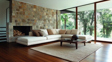 Modern living room with stone fireplace, sectional sofa, and large windows overlooking lush greenery.