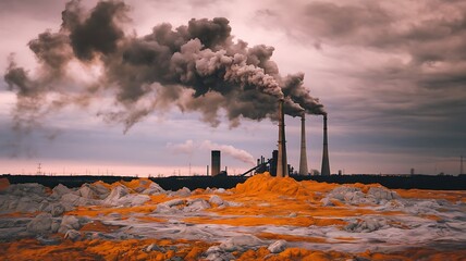 A stark image of industrial smokestacks releasing dense plumes of black smoke into the atmosphere, set against a dramatic sky, highlighting the environmental impact of pollution and fossil fuel depend