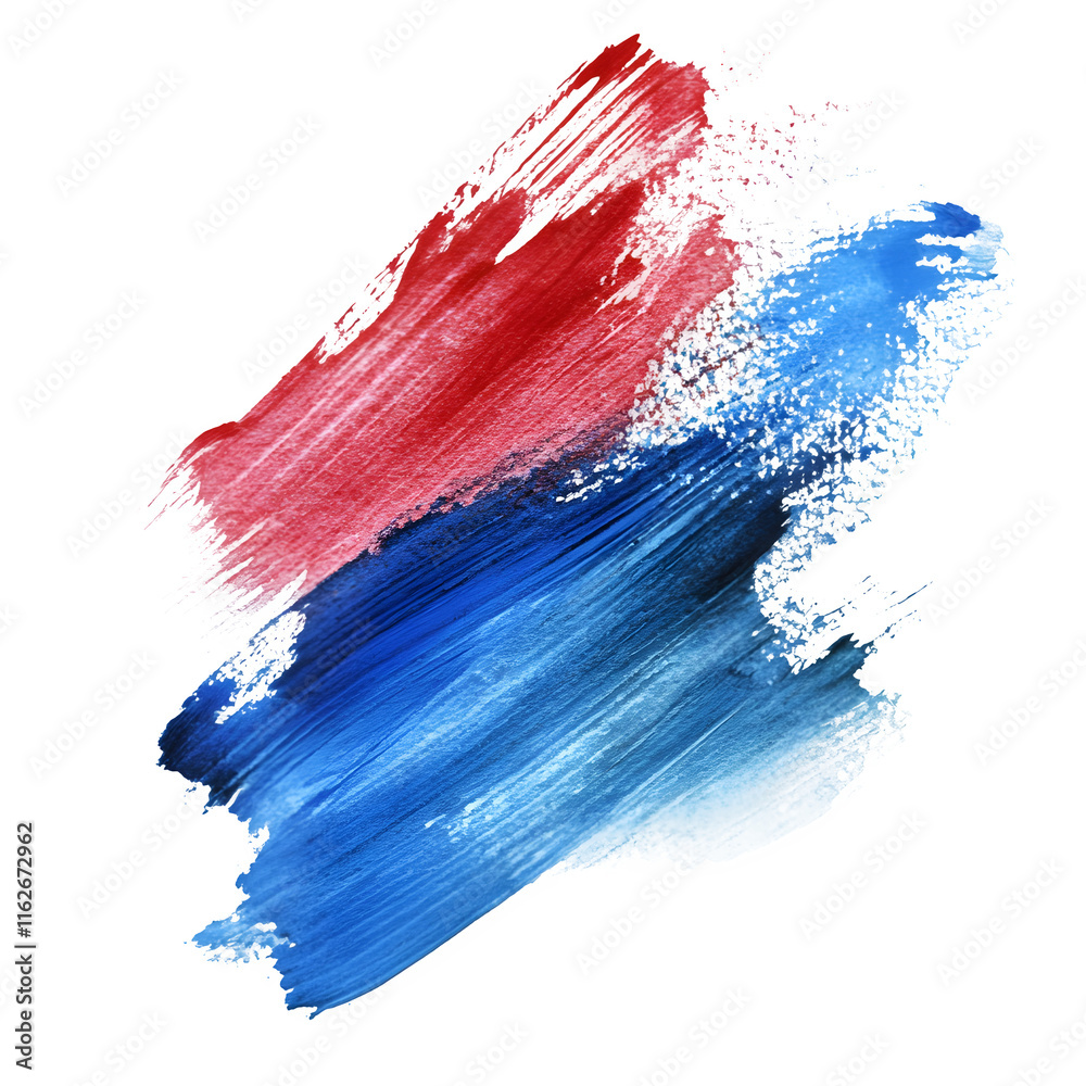 Poster intersecting red and blue brushstrokes forming vibrant graphic design element against white transpar
