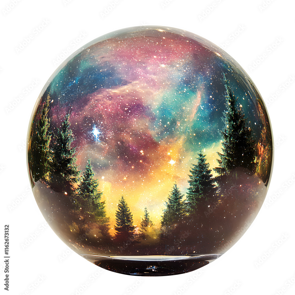 Poster glass sphere showing colorful nebula and fir trees on transparent background, perfect for fantasy an