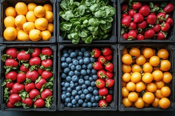 aerial perspective showcasing meticulously organized crates filled with a colorful array of fruits and vegetables symbolizing the vibrant logistics of the fresh produce industry