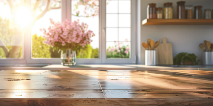 empty wooden kitchen counter table top dais podium stage platform mockup for product display. spring  easter woman mother valentine day celebration kitchen interior background