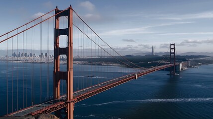 Obraz premium A stunning view of the Golden Gate Bridge spanning across the blue waters of the San Francisco Bay, with the city skyline visible in the background under a partly cloudy sky.