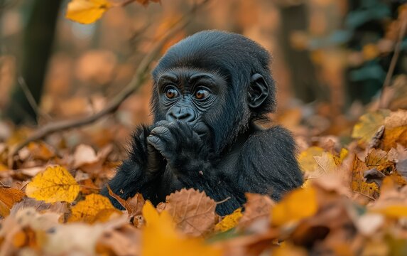 Young gorilla sitting amidst autumn leaves in a forest, looking thoughtful.