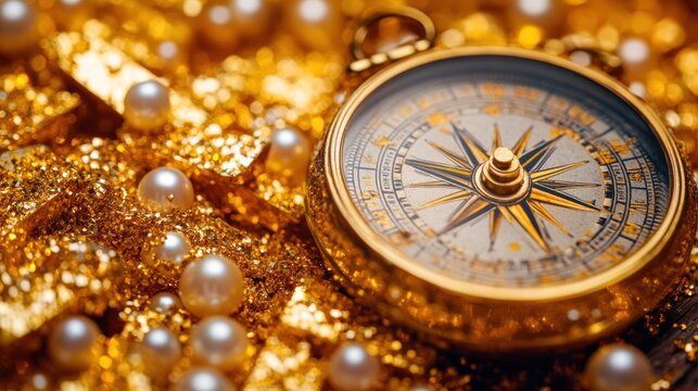 Antique gold compass amidst gold nuggets and pearls.
