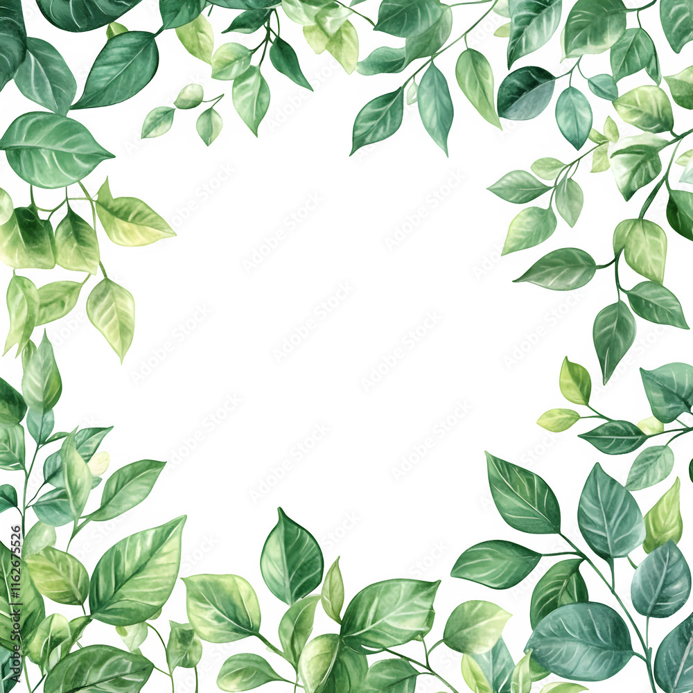 Poster watercolor painting creating a frame of green leaves on transparent background, perfect for spring a