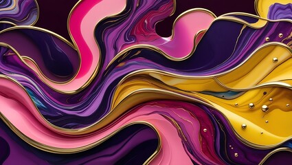 A vibrant abstract painting featuring fluid, swirling shapes in shades of purple, pink, and gold. The metallic outlines and glossy texture create a luxurious and dynamic composition.