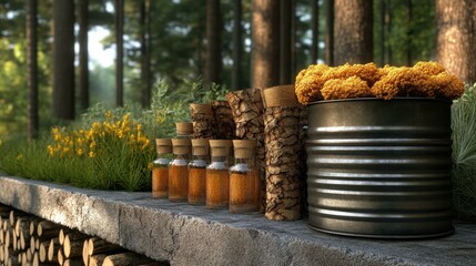Honey Display. Rustic honey jars wooden fence metal bucket forest natu