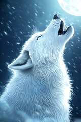 Naklejka premium A majestic white wolf howling at a full moon amidst a snowy backdrop.