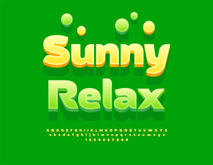 Vector creative poster Sunny Relax. 3D Green Alphabet Letters and Numbers set. Modern bright Font