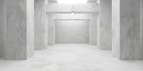 Abstract empty, modern concrete room with pillars, beams, ceiling opening and rough floor - industrial interior background template