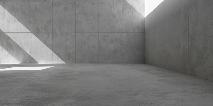 Abstract empty, modern concrete room with back wall panels, sunlight and rough floor - industrial interior background template
