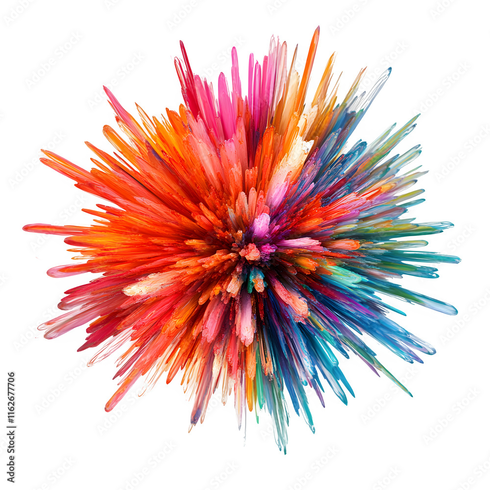 Poster Vibrant paint particles bursting radially, generating explosive starburst pattern against transparent backdrop, ideal for graphic design applications