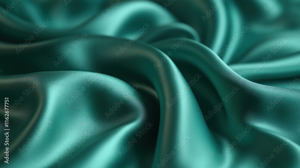 Poster a close-up view of smooth, teal satin fabric showcasing its texture and sheen.