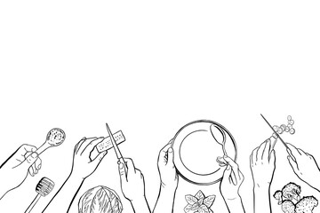 Cooking Class Vector Background with Human Hands Cook Food, Top View Template